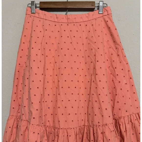 J Crew Skirt Women's 8 Peach Coral Tiered‎ Midi Embroidered Eyelets Cottagecore - Picture 3 of 11